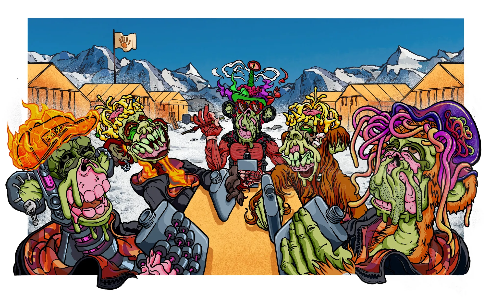 Cartoon characters on mountain path with scenic background by Carles Garcia O'Dowd