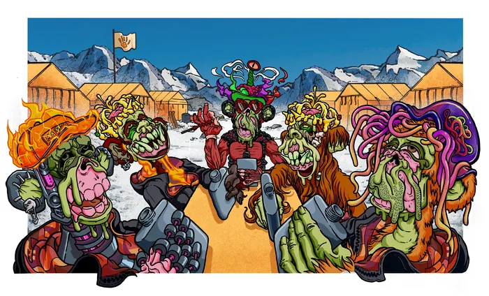 Cartoon characters on mountain path with scenic background by Carles Garcia O'Dowd