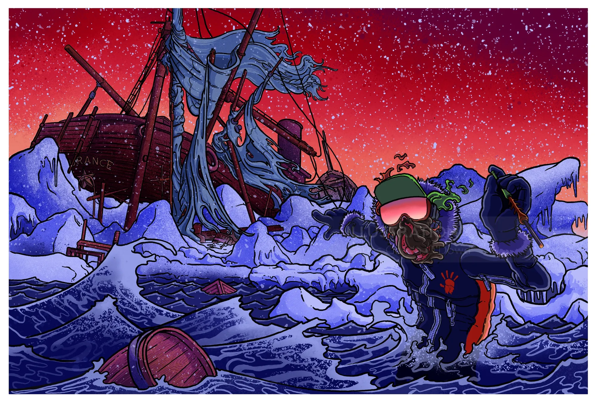 Diver exploring icy shipwreck at night under red sky by Carles Garcia O'Dowd