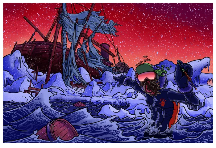 Diver exploring icy shipwreck at night under red sky by Carles Garcia O'Dowd