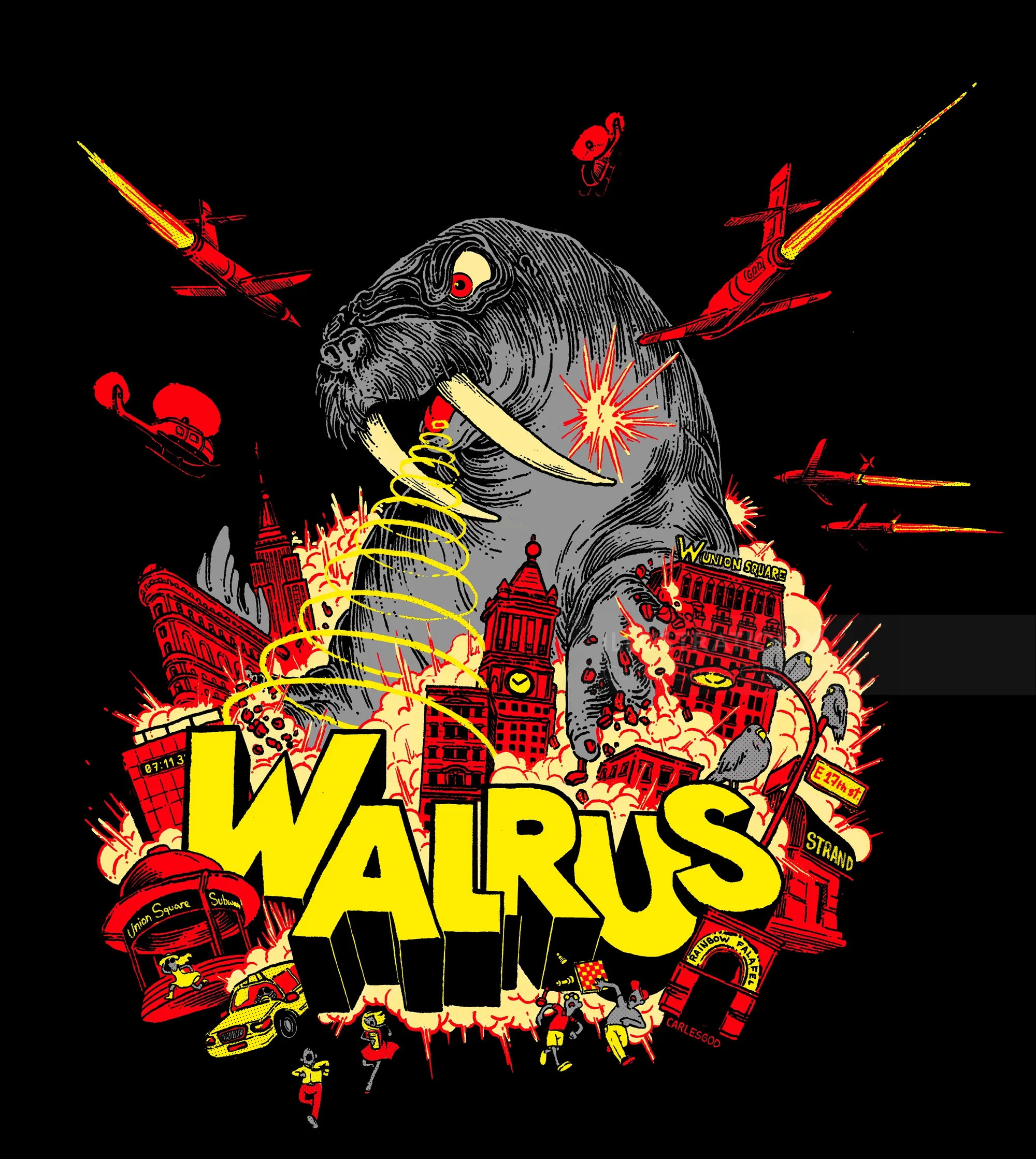 Comic artwork of giant walrus attacking city with planes and explosions by Carles Garcia O'Dowd
