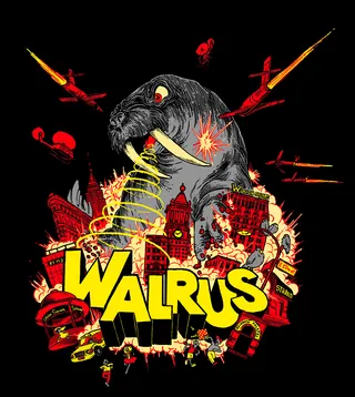 Comic artwork of giant walrus attacking city with planes and explosions by Carles Garcia O'Dowd