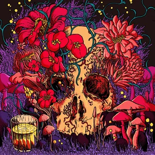 Colorful illustration of a skull surrounded by red flowers and a glass of drink by Carles Garcia O'D