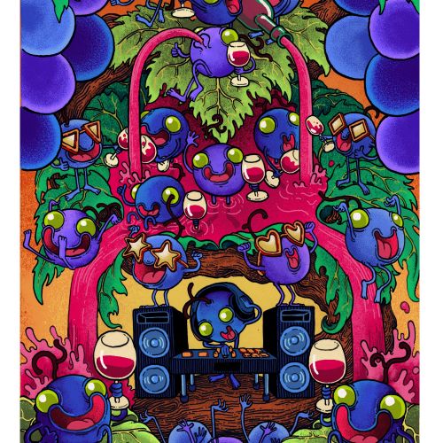 Cartoon grapes with faces around DJ speakers and turntable by Carles Garcia O'Dowd