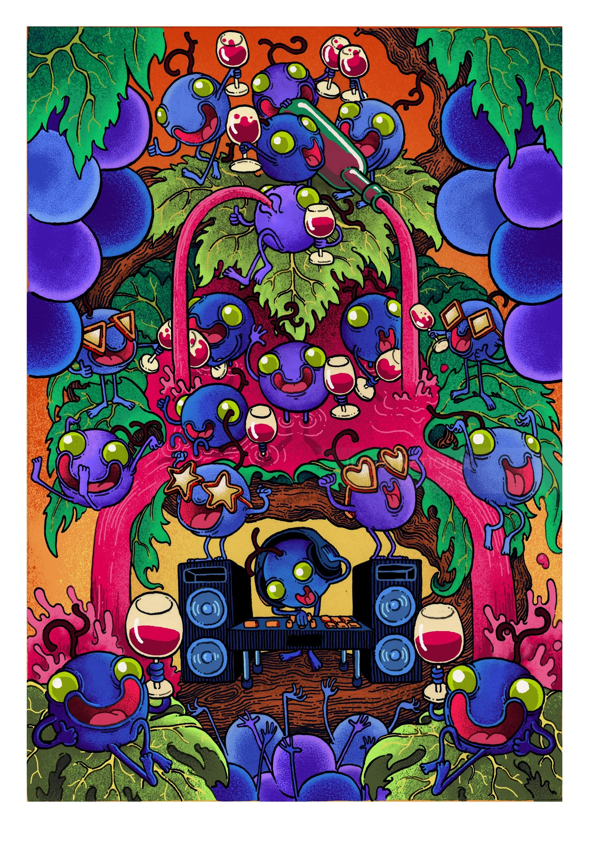 Cartoon grapes with faces around DJ speakers and turntable by Carles Garcia O'Dowd