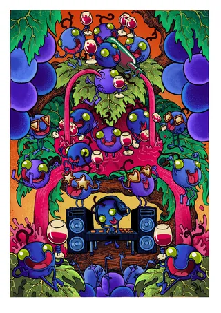 Cartoon grapes with faces around DJ speakers and turntable by Carles Garcia O'Dowd