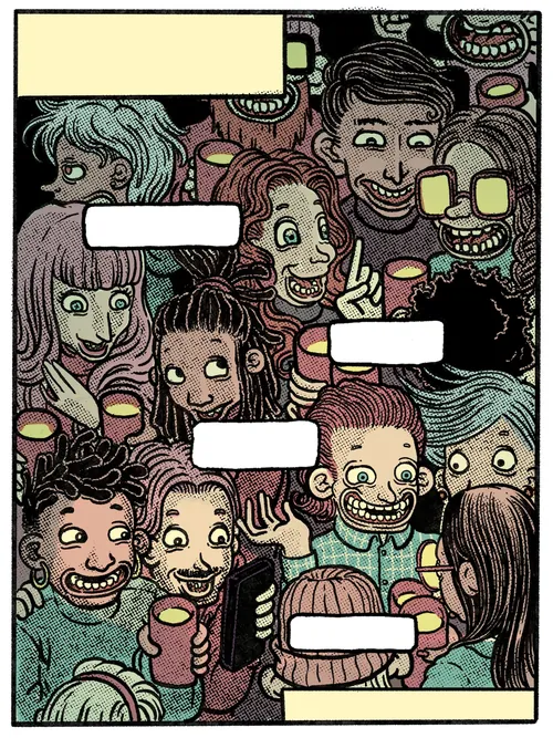 Comic panel of diverse smiling characters by Carles Garcia O'Dowd