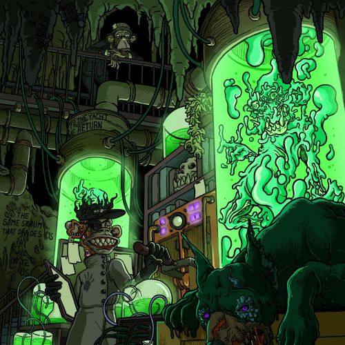 Mad scientist with mutant creature and monstrous beast in lab by Carles Garcia O'Dowd