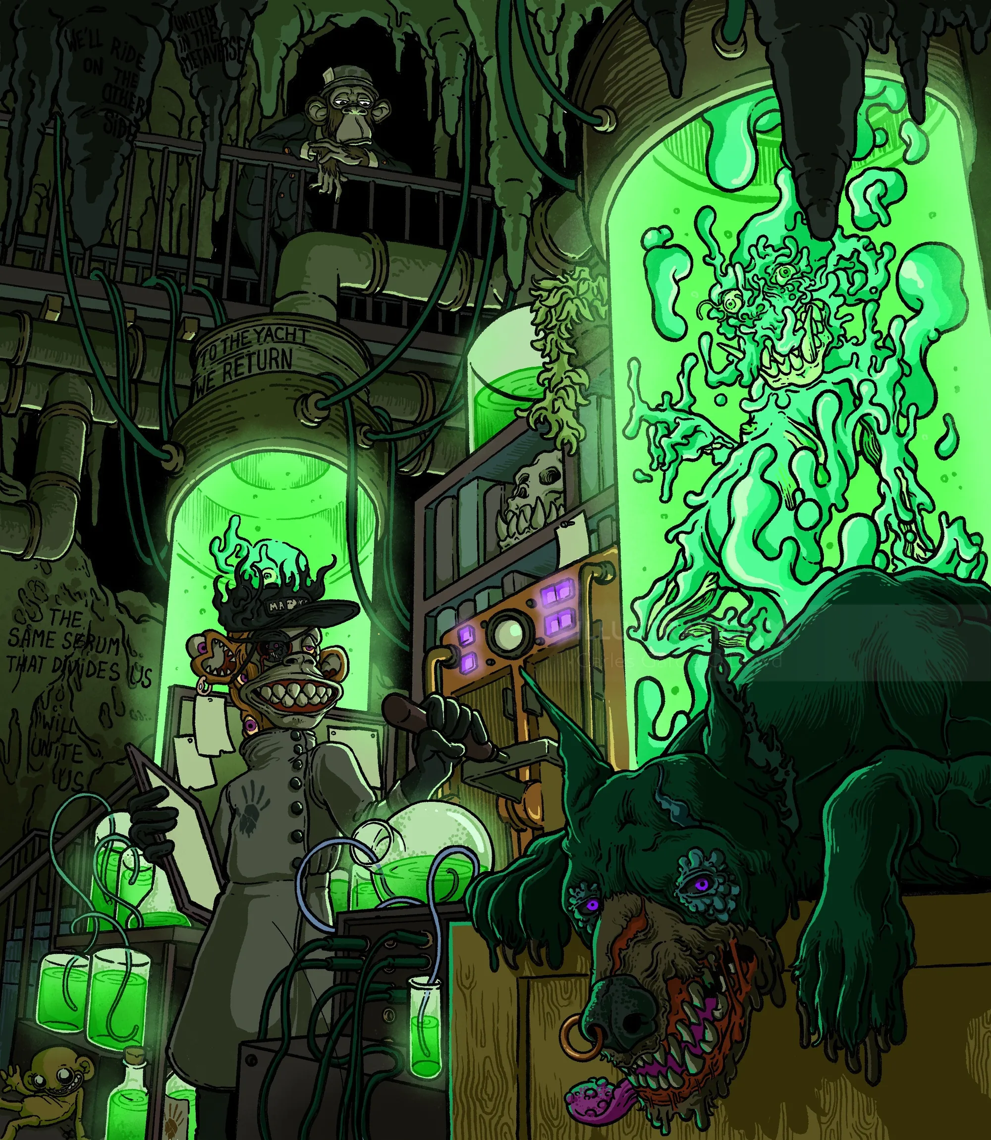 Mad scientist with mutant creature and monstrous beast in lab by Carles Garcia O'Dowd