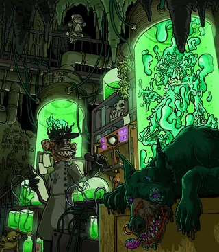 Mad scientist with mutant creature and monstrous beast in lab by Carles Garcia O'Dowd