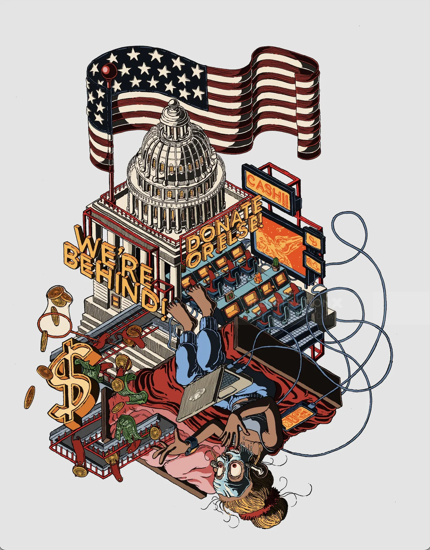 Illustration showing US Capitol as a slot machine with American flag, by Carles Garcia O'Dowd