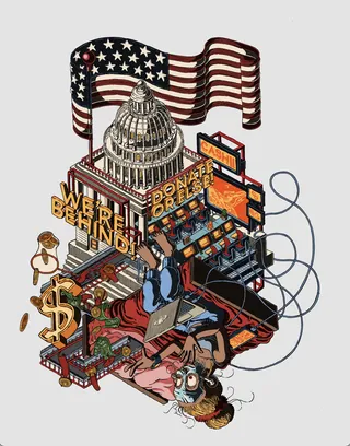 Illustration showing US Capitol as a slot machine with American flag, by Carles Garcia O'Dowd