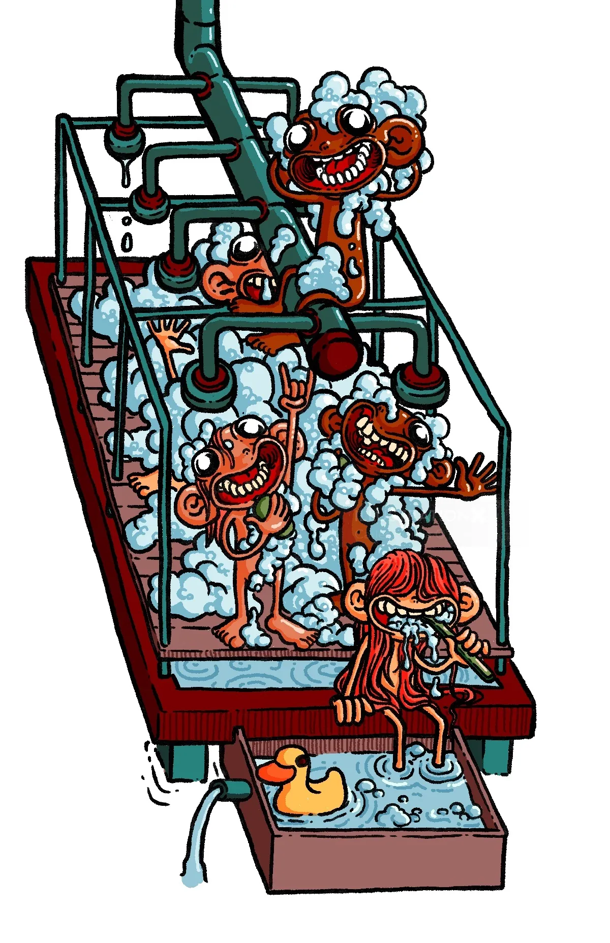 Cartoon characters showering with foam under pipes by Carles Garcia O'Dowd