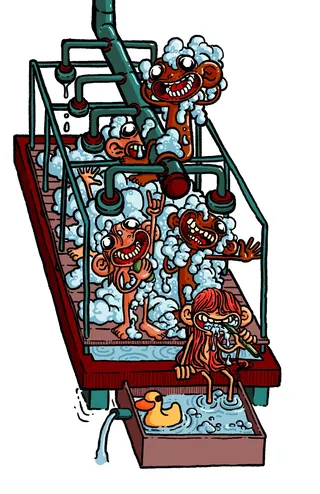 Cartoon characters showering with foam under pipes by Carles Garcia O'Dowd