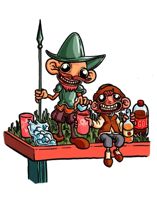 Cartoon characters on table with food and drinks by Carles Garcia O'Dowd