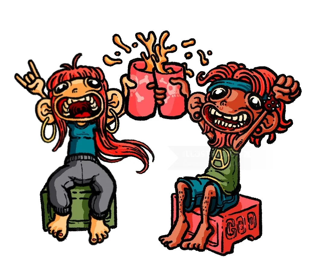Two cartoon characters toasting drinks, colorful and animated by Carles Garcia O'Dowd