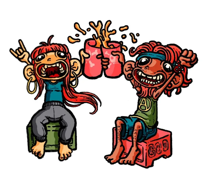 Two cartoon characters toasting drinks, colorful and animated by Carles Garcia O'Dowd