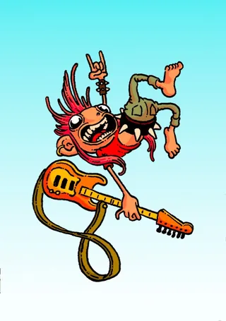 Cartoon character jumping with electric guitar, vibrant colors by Carles Garcia O'Dowd