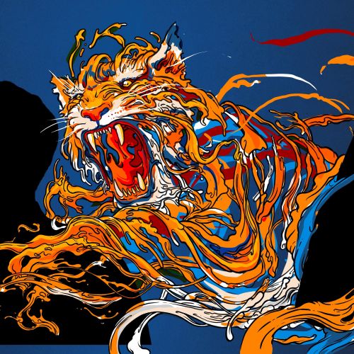 Abstract tiger artwork with vibrant orange and blue swirls by Carles Garcia O'Dowd