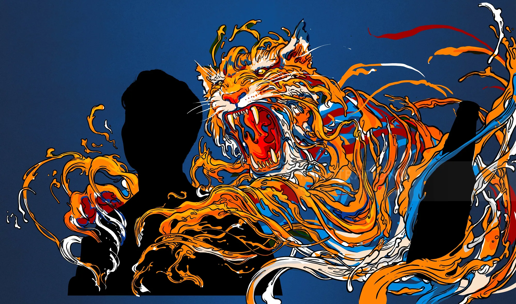 Abstract tiger artwork with vibrant orange and blue swirls by Carles Garcia O'Dowd
