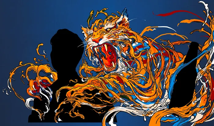 Abstract tiger artwork with vibrant orange and blue swirls by Carles Garcia O'Dowd