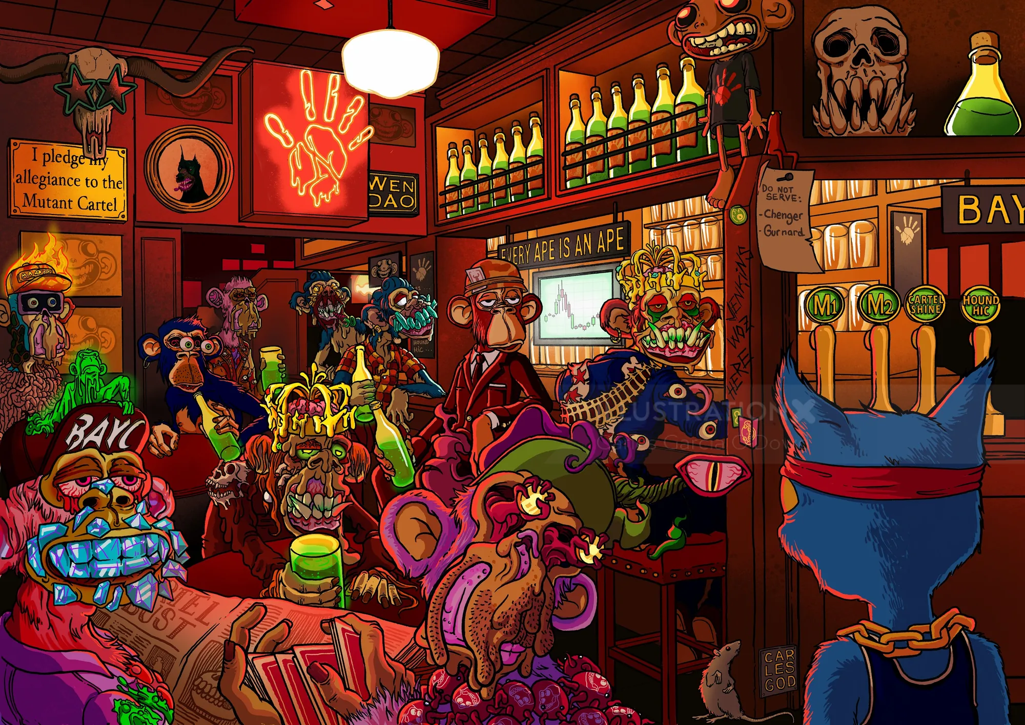 Anthropomorphic animals in a bustling bar, illustration by Carles Garcia O'Dowd