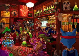 Anthropomorphic animals in a bustling bar, illustration by Carles Garcia O'Dowd