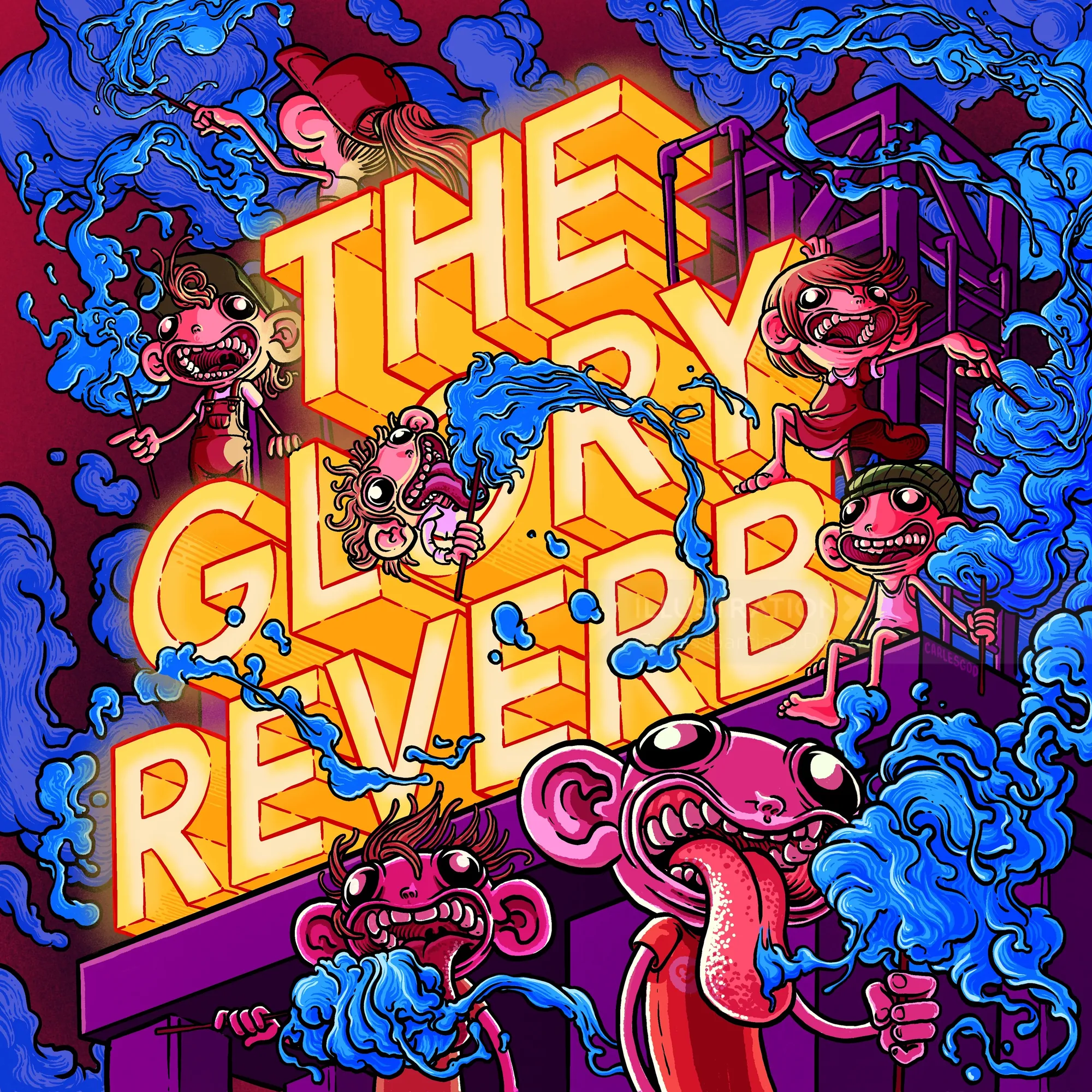Colorful surreal album cover with cartoon characters and a bright sign by Carles Garcia O'Dowd