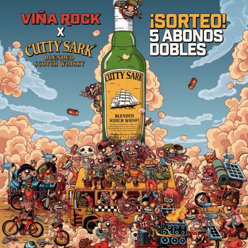Cartoon crowd celebrating around Cutty Sark whiskey bottle by Carles Garcia O'Dowd