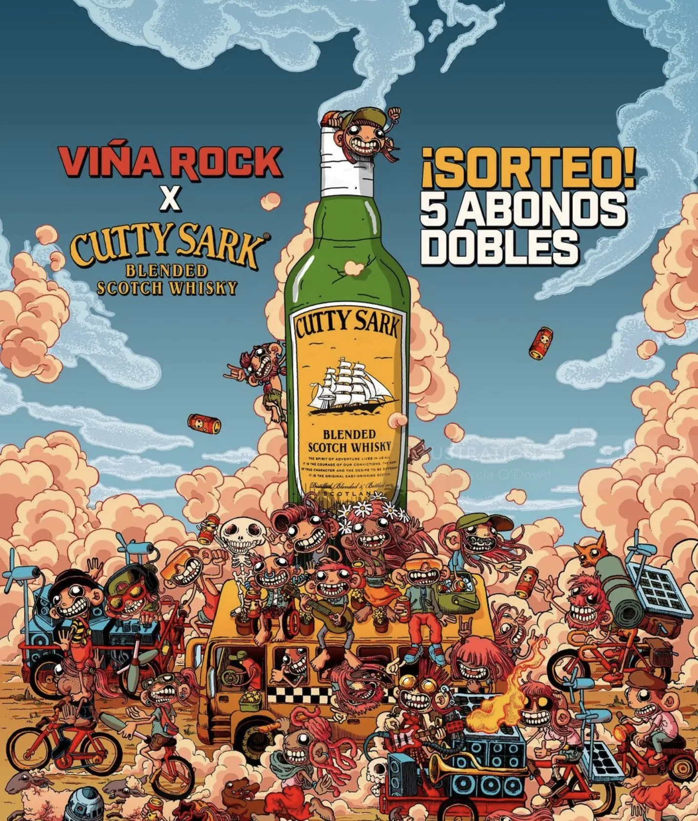 Cartoon crowd celebrating around Cutty Sark whiskey bottle by Carles Garcia O'Dowd