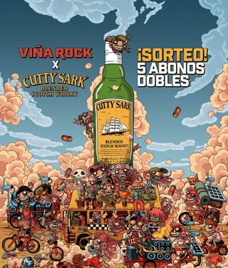Cartoon crowd celebrating around Cutty Sark whiskey bottle by Carles Garcia O'Dowd