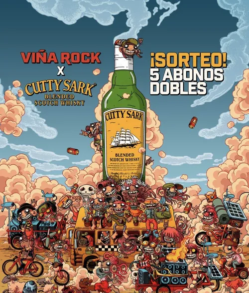 Cartoon crowd celebrating around Cutty Sark whiskey bottle by Carles Garcia O'Dowd