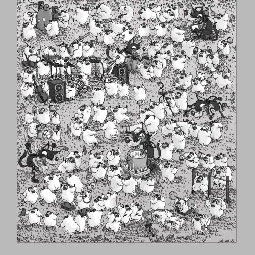 Illustration of many sheep beneath pink banner saying love loudness beats hate by Carles Garcia O'Do