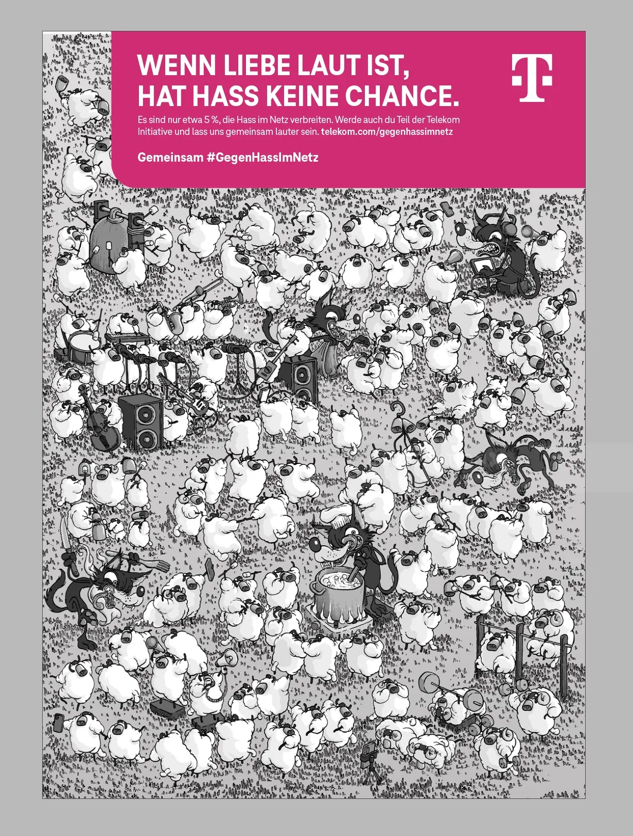 Illustration of many sheep beneath pink banner saying love loudness beats hate by Carles Garcia O'Do