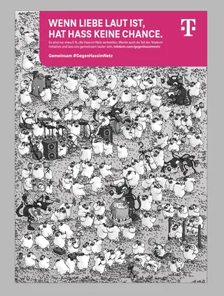 Illustration of many sheep beneath pink banner saying love loudness beats hate by Carles Garcia O'Do