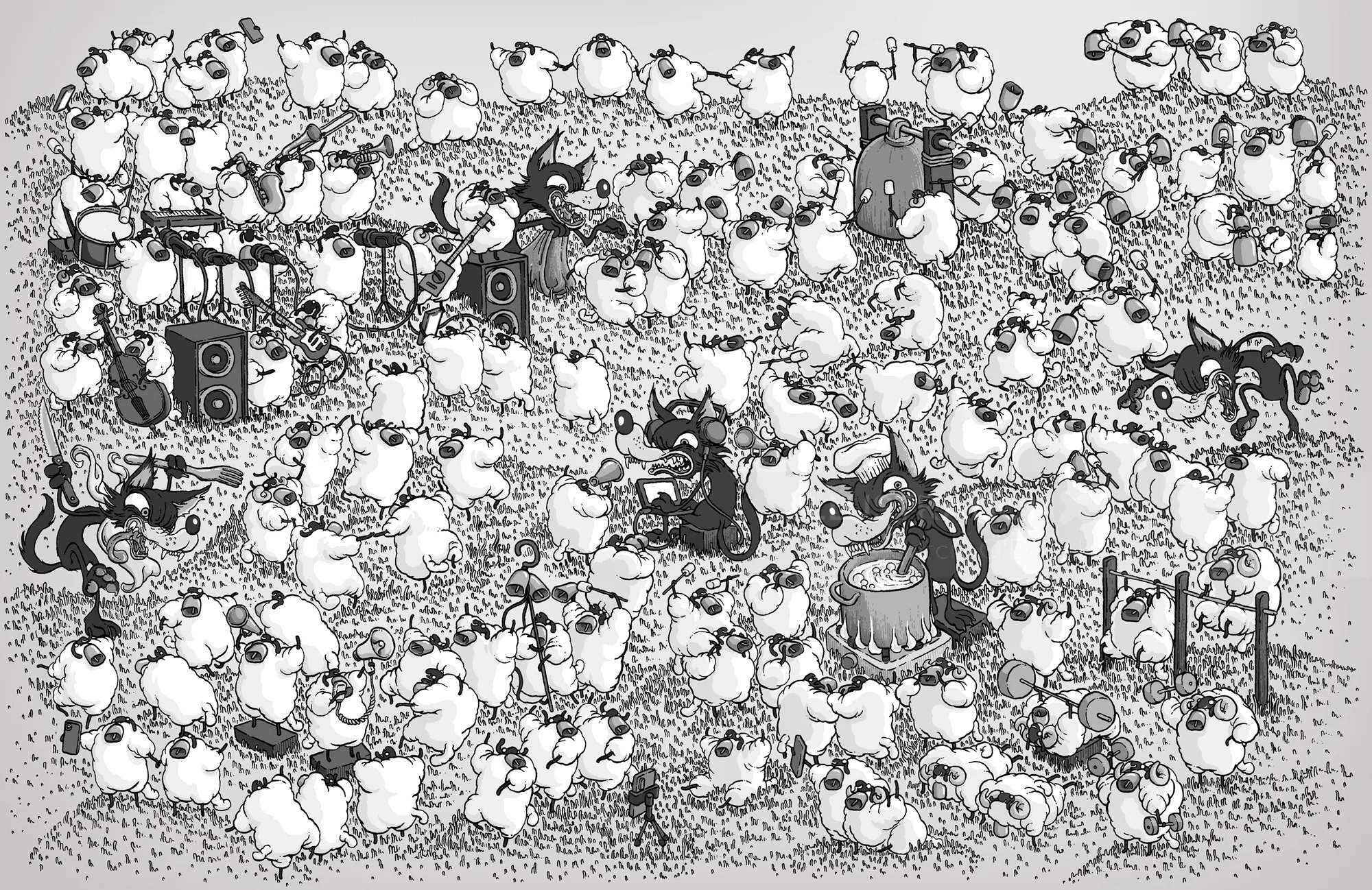 Black cats hiding among white sheep in overcrowded field by Carles Garcia O'Dowd