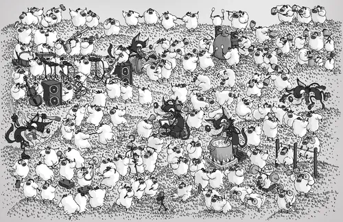 Black cats hiding among white sheep in overcrowded field by Carles Garcia O'Dowd