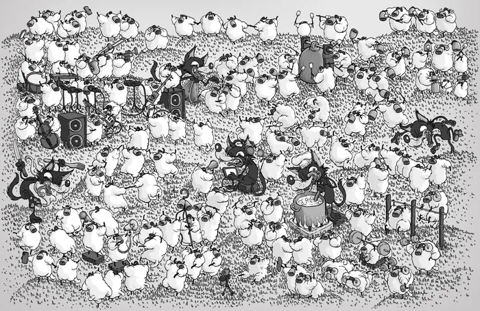 Black cats hiding among white sheep in overcrowded field by Carles Garcia O'Dowd