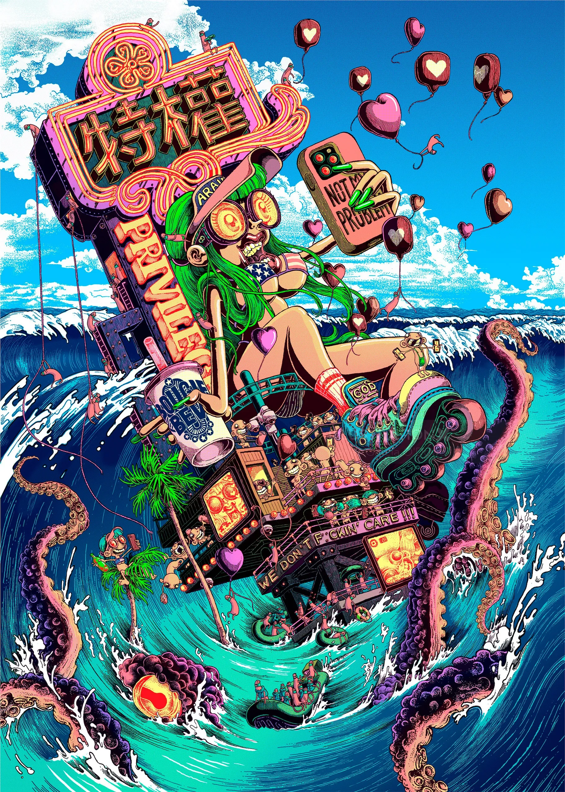 Colorful digital art of influencer riding skateboard, ocean waves, by Carles Garcia O'Dowd