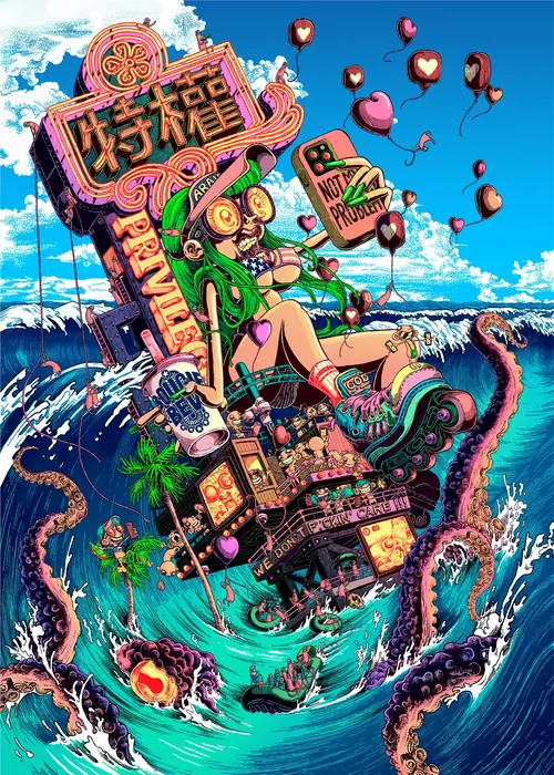 Colorful digital art of influencer riding skateboard, ocean waves, by Carles Garcia O'Dowd