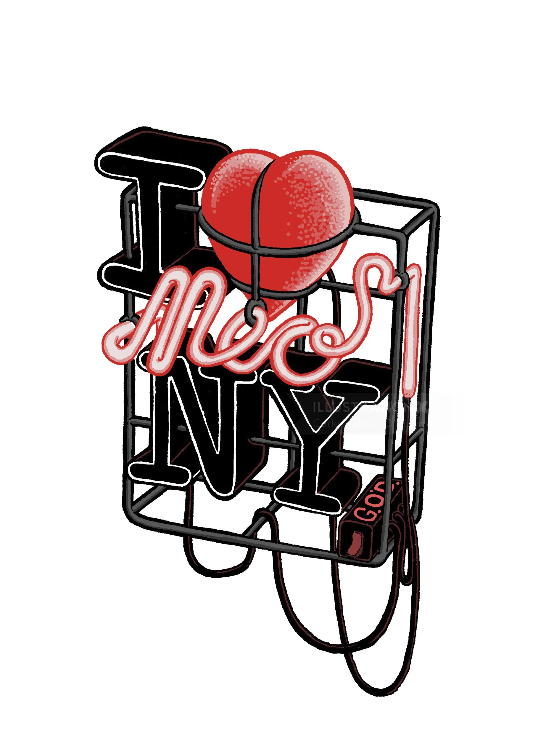 Leuchtreklame mit der Aufschrift „I love NY“ und einem Basketball, von Carles Garcia O'Dowd