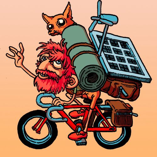 Illustration of a red-bearded man riding a bicycle with dog and camping gear by Carles Garcia O'Dowd