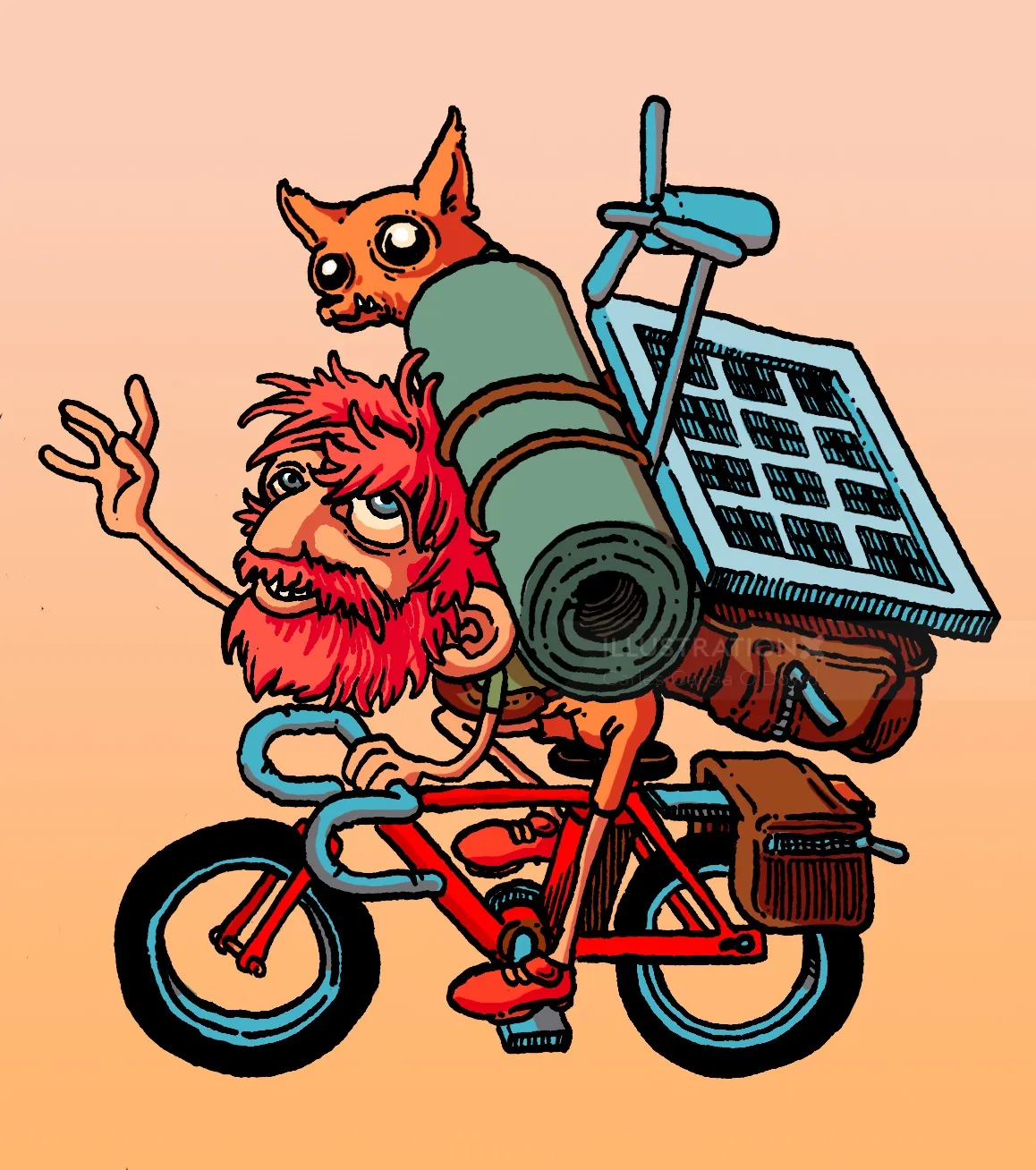 Illustration of a red-bearded man riding a bicycle with dog and camping gear by Carles Garcia O'Dowd