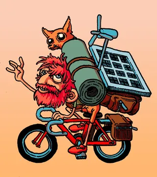 Illustration of a red-bearded man riding a bicycle with dog and camping gear by Carles Garcia O'Dowd