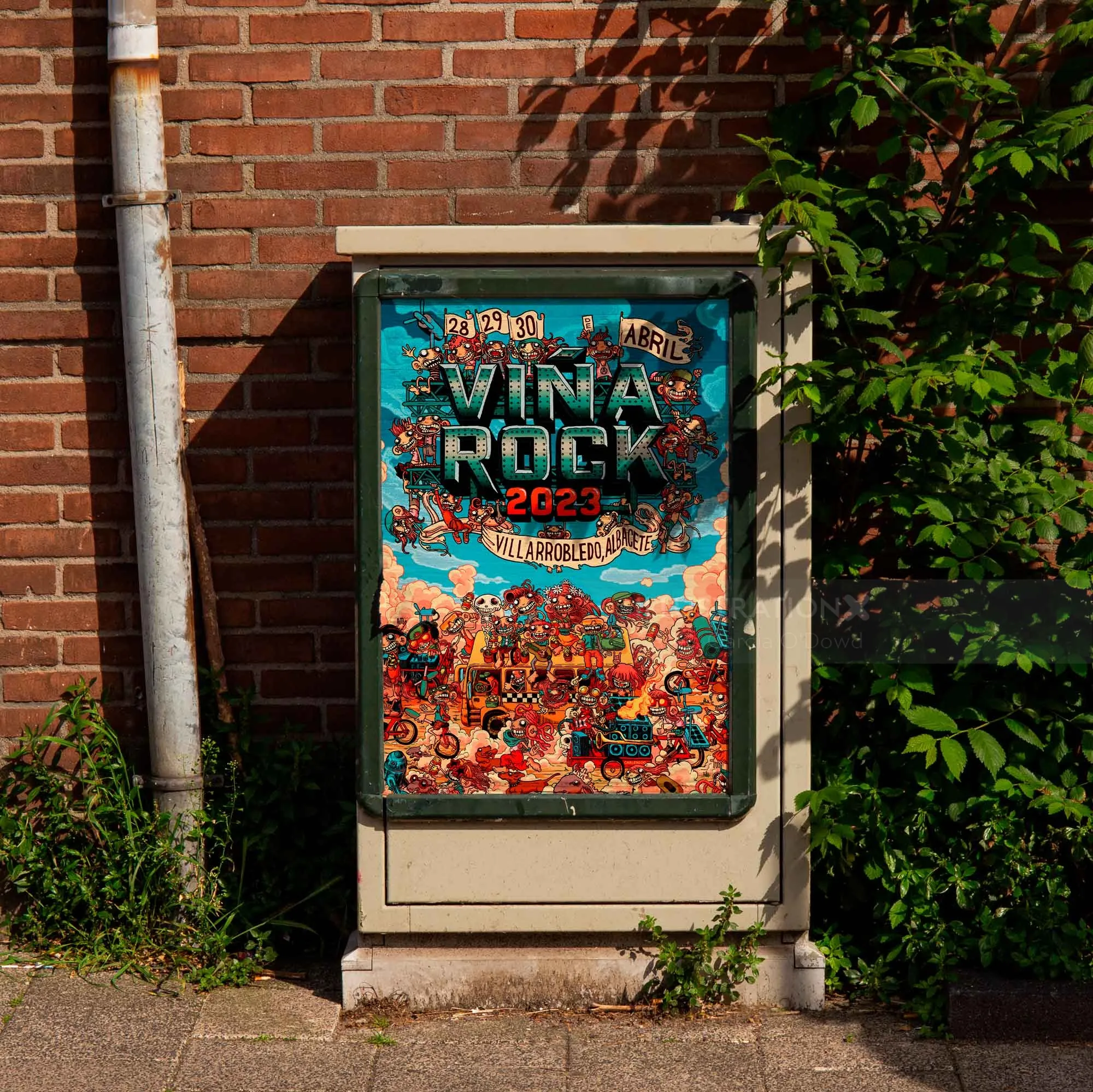 Viña Rock 2023 festival poster displayed outdoors by Carles Garcia O'Dowd