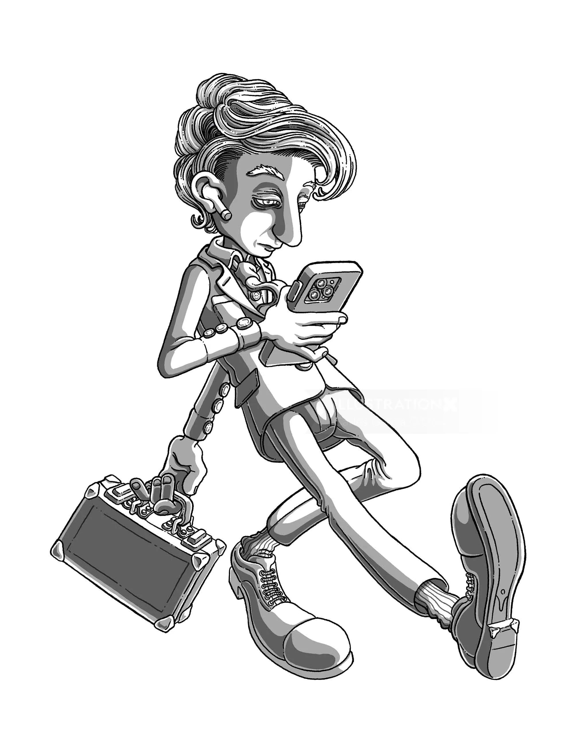 Illustration of a man reading his phone with briefcase by Carles Garcia O'Dowd