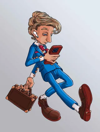 Illustration of a man in a blue suit holding a smartphone and briefcase by Carles Garcia O'Dowd