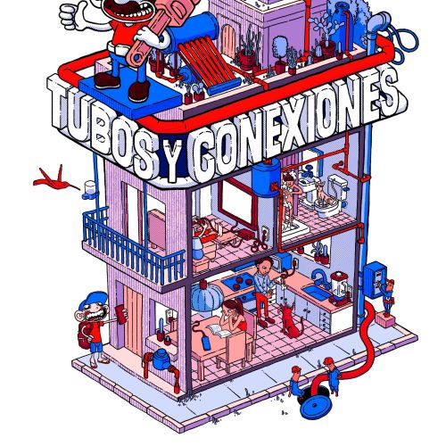 Colorful isometric illustration of Tubos y Conexiones hardware store