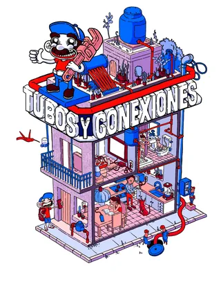 Colorful isometric illustration of Tubos y Conexiones hardware store