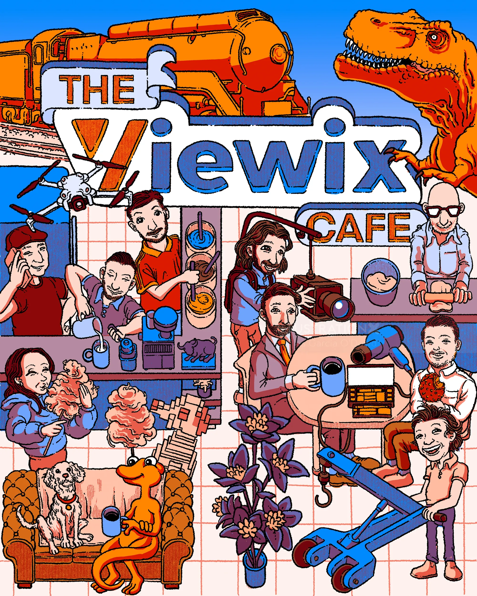 Colorful illustration of people, a dinosaur, coffee, and vintage objects